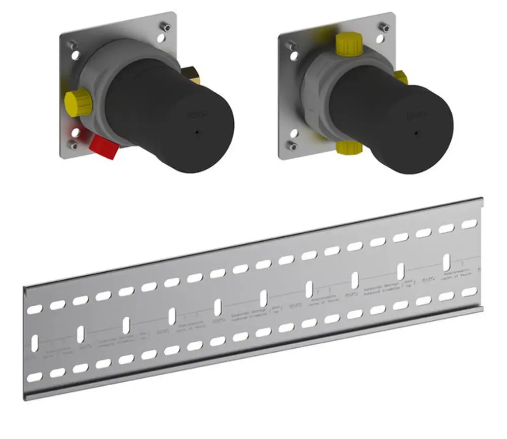 Zwei schwarze Anschlussköpfe mit gelben und roten Drehgriffen, montiert auf Metallplatten, verbunden mit einer langen, schmalen Halteschiene, hergestellt von Keuco.